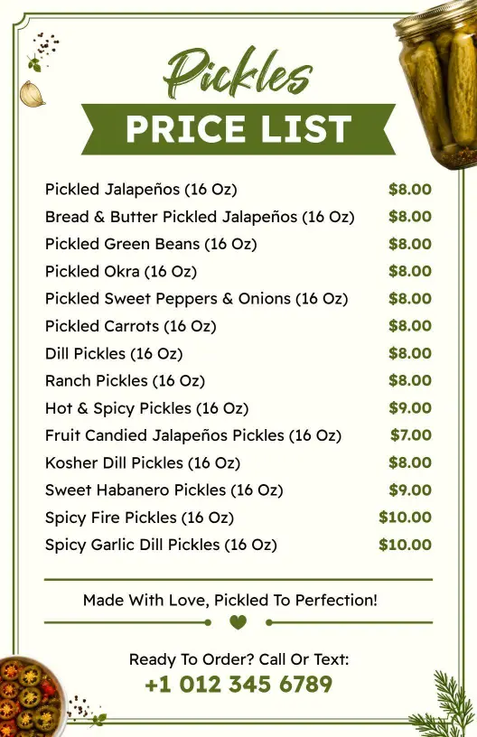 Classic White and Green Pickle Price List Template