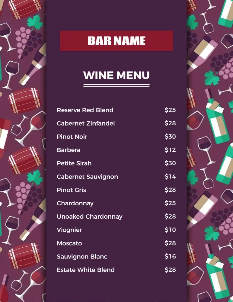 Classic Wine Varieties Selection Menu Template