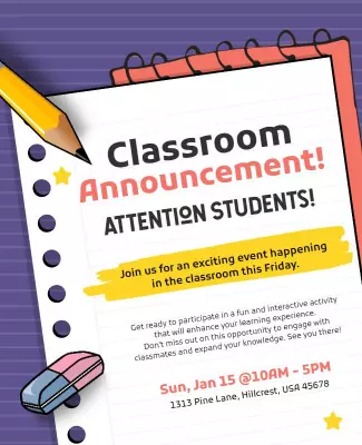 Classroom Student Event Announcement Flyer Template