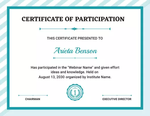 Clean Aqua Blue Simple Participation Certificate Template