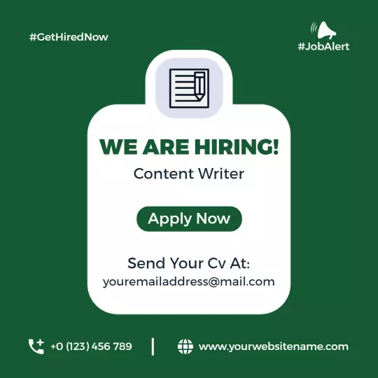 Clean Green Minimalist Job Hiring for Content Writer Ad Template