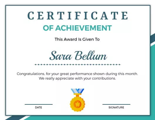 Clean Modern Teal Achievement Recognition Certificate Template
