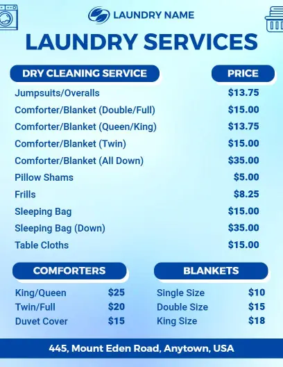 Clear Blue Themed Laundry and Dry Cleaning Menu Template