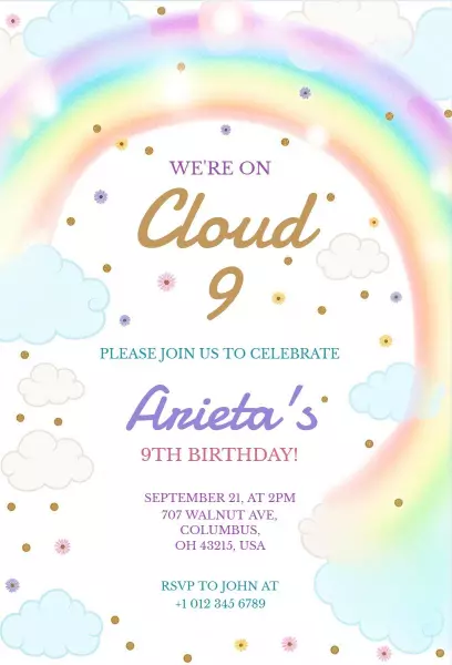 Cloud 9 Rainbow Colorful Birthday Celebration Invitation Template