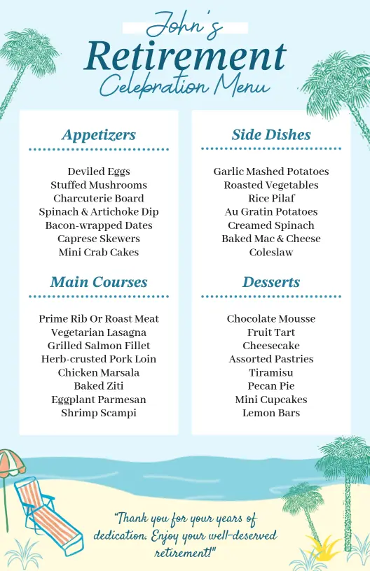 Coastal Blue Design for Retirement Party Menu Template