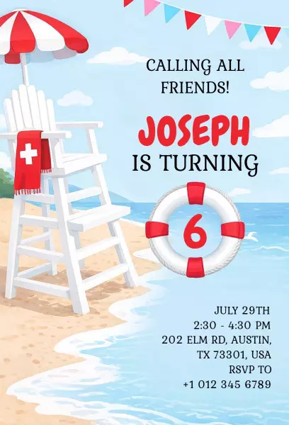 Coastal Lifeguard Themed Beach Birthday Celebration Invitation Template