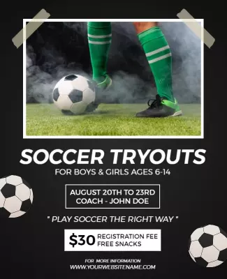 Bold Black Soccer Tryouts for Kids Ages 6-14 Flyer Template