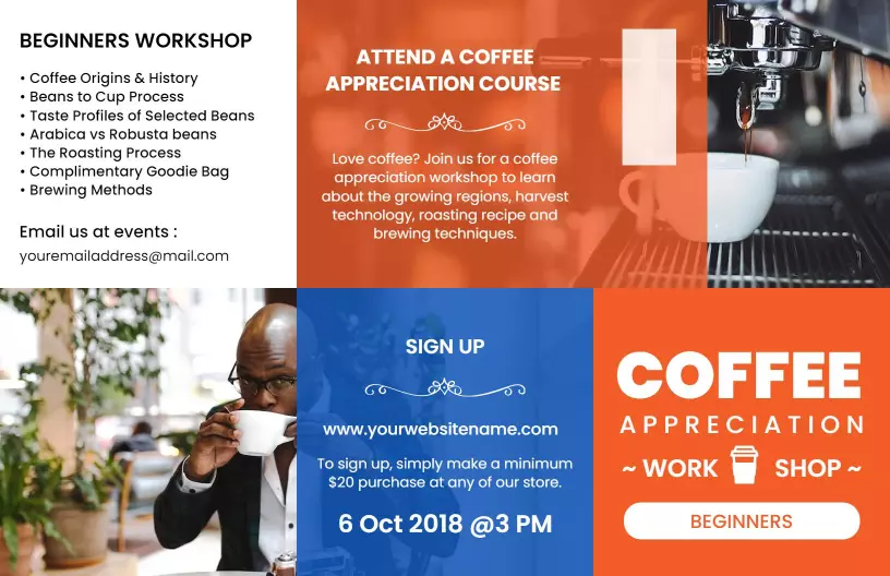 Coffee Appreciation Workshop and Brewing Techniques Brochure Template
