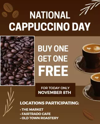 Coffee-Themed Cappuccino Day Buy One Get One Free Poster Template