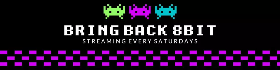 Colorful 8-Bit Characters on Black Background Twitch Banner Template