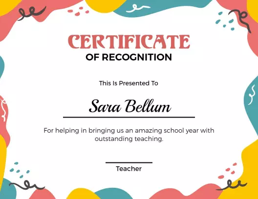 Colorful Abstract Design for Teacher Recognition Certificate Template