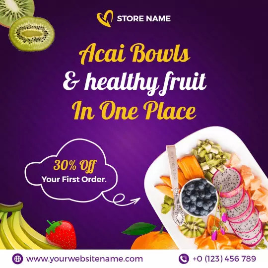Colorful Acai Bowls and Fresh Fruit Promotion Ad Template