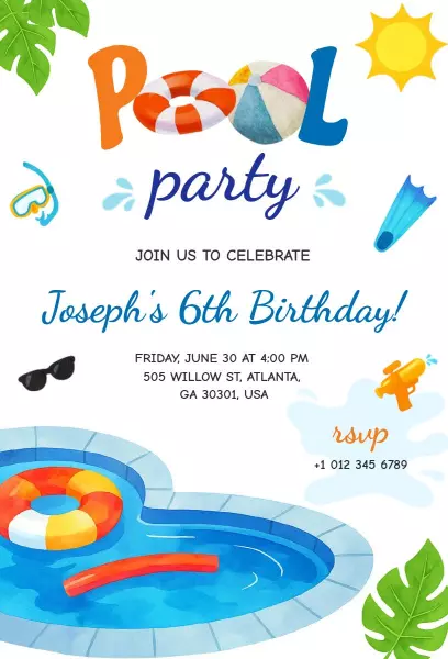 Colorful Aqua Pool Party Celebration Birthday Invitation Template