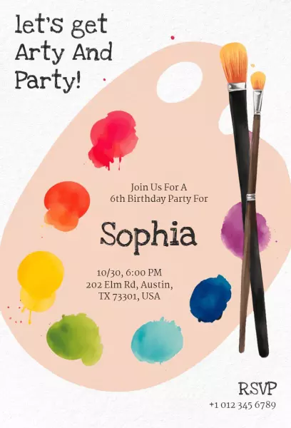 Colorful Artful 6th Birthday Paint Party Invitation Template