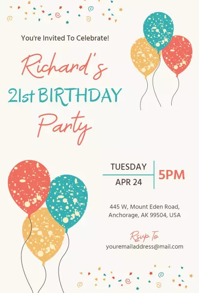 Colorful Balloon Celebration 21st Birthday Invitation Template