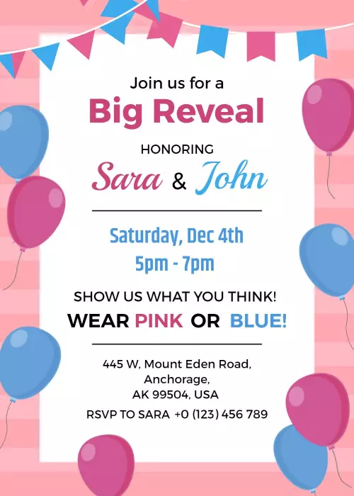 Colorful Balloon Pink Blue Gender Reveal Celebration Invitation Template