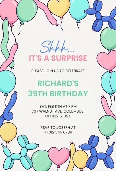 Colorful Balloon Surprise Birthday Party Invitation Template