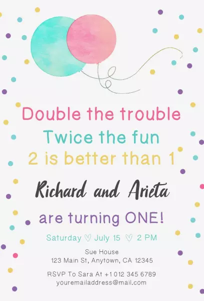 Colorful Balloon Twin First Birthday Celebration Invitation Template
