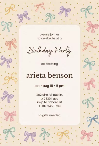 Colorful Bow Theme Birthday Celebration Invitation Template