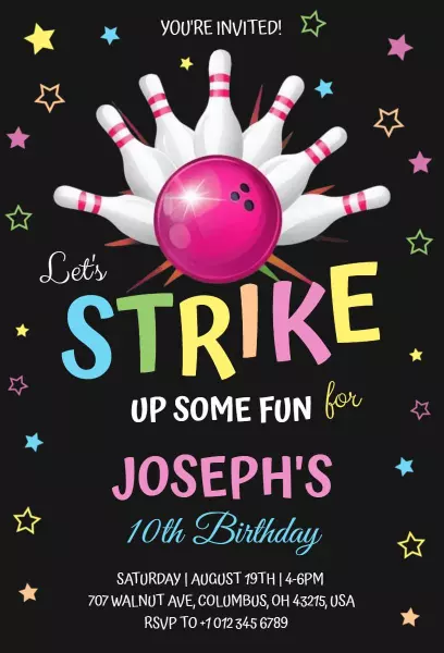 Colorful Bowling Theme 10th Birthday Celebration Invitation Template