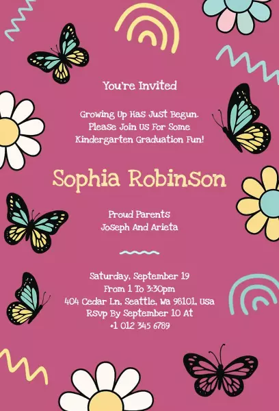 Colorful Butterfly Kindergarten Graduation Celebration Invitation Template