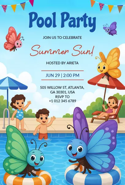 Colorful Butterfly Summer Pool Party Invitation Template