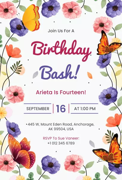 Colorful Butterfly Theme Birthday Celebration Invitation Template