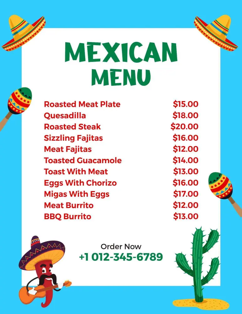 Colorful Cactus and Maracas Mexican Menu Template