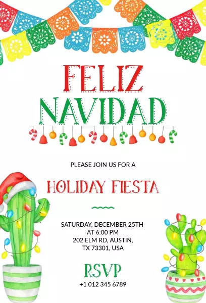 Colorful Cactus Holiday Fiesta Christmas Invitation Template