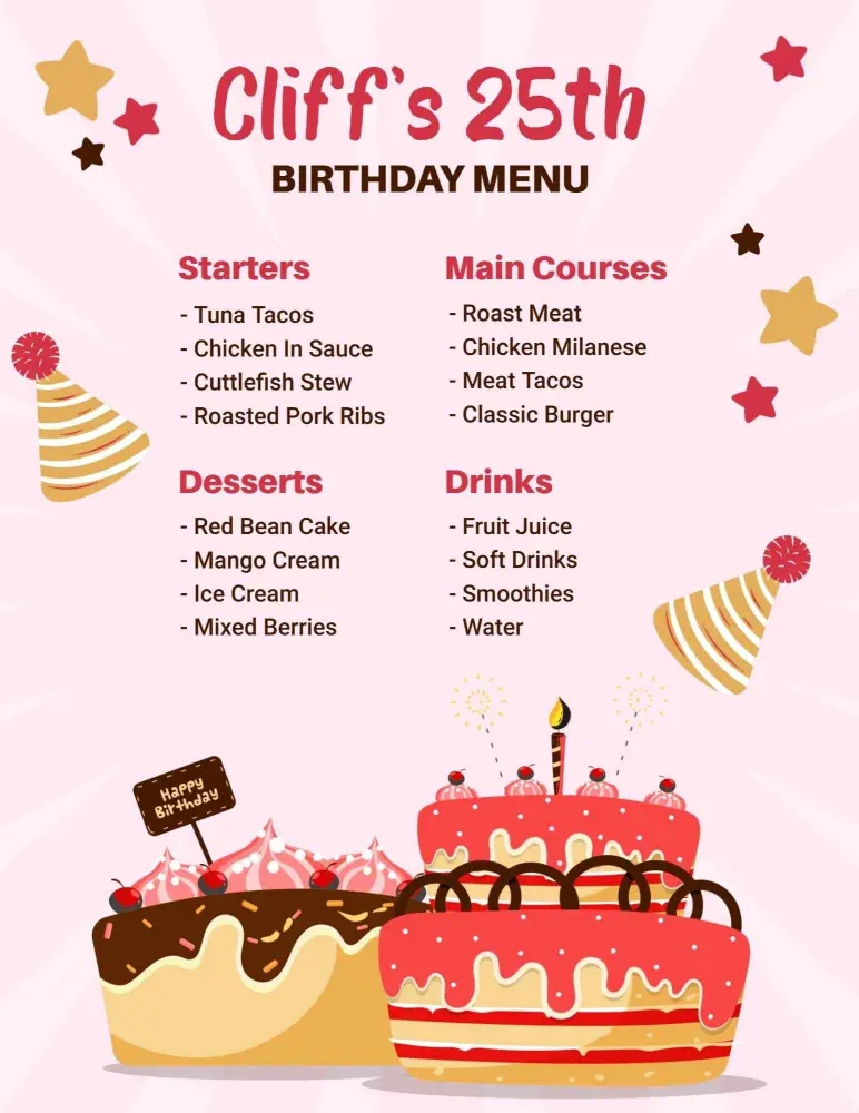 Colorful Cake Decor for Birthday Celebration Menu Template