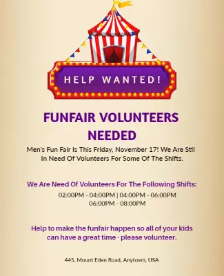 Colorful Carnival Themed Funfair Volunteers Needed Poster Template