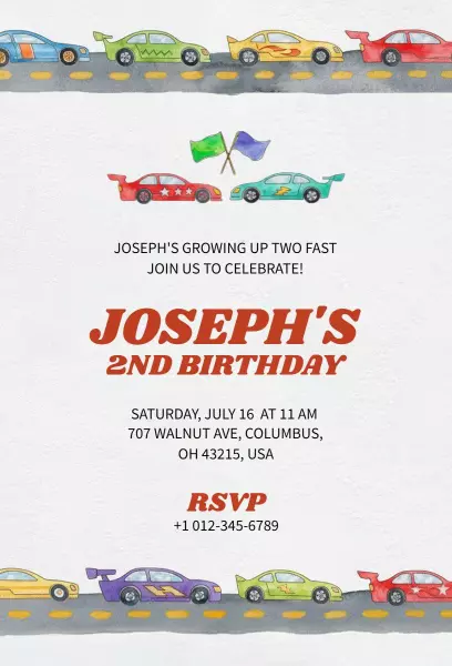 Colorful Cars Themed 2nd Birthday Celebration Invitation Template