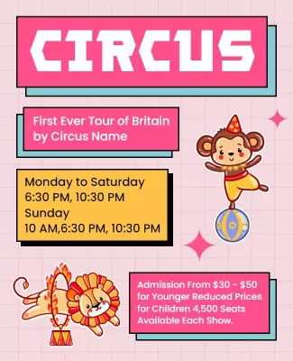 Colorful Cartoon Circus Tour Event Announcement Poster Template