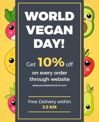 Colorful Cartoon Fruits World Vegan Day Promotion Poster Template