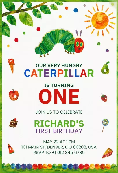 Colorful Caterpillar 1st Birthday Celebration Invitation Template