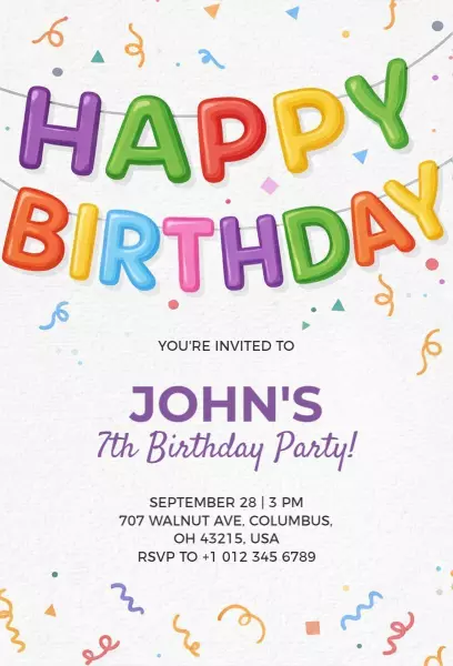 Colorful Celebration Festive 7th Birthday Party Invitation Template