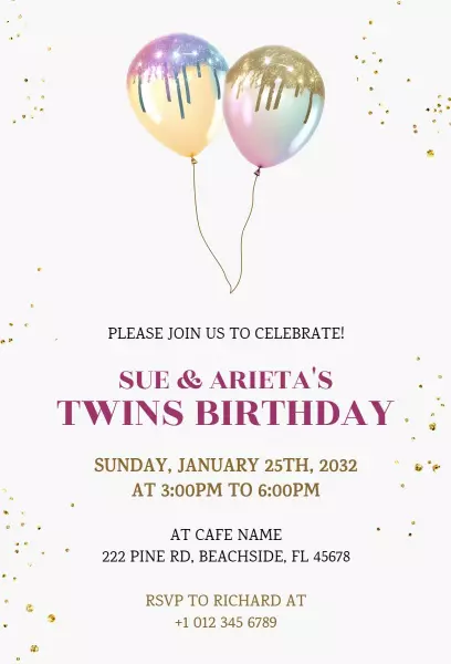 Colorful Celebration for Twins Birthday Bash Invitation Template