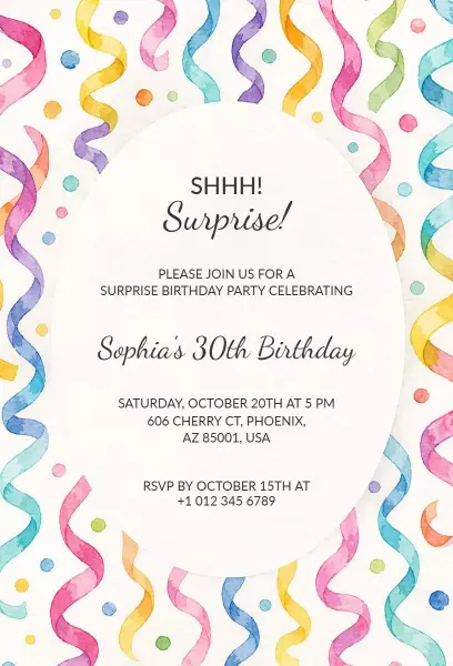 Colorful Confetti Surprise Birthday Party Invitation Template
