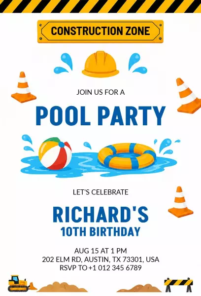 Colorful Construction Zone Pool Party Invitation Template