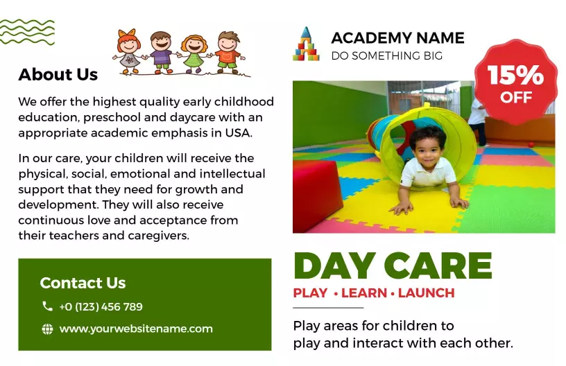 Colorful Daycare Play Areas and Learning Curriculum Brochure Template