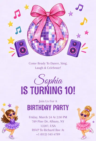 Colorful Disco Themed 10th Birthday Party Invitation Template