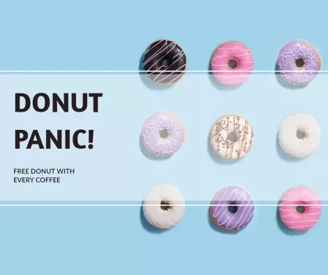 Colorful Donut Panic Promotion with Free Coffee Offer Ad Template