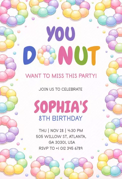 Colorful Donut Theme 8th Birthday Celebration Invitation Template
