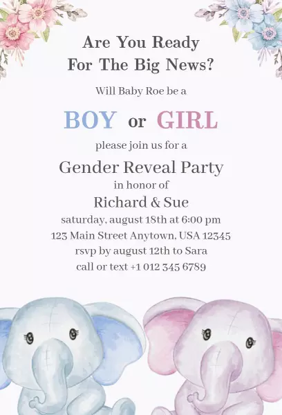 Colorful Elephant Theme Gender Reveal Celebration Invitation Template