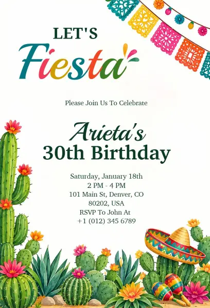 Colorful Fiesta Cactus 30th Birthday Invitation Template
