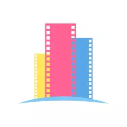 Colorful Film Strip Towers Representing Entertainment Industry Logo Template