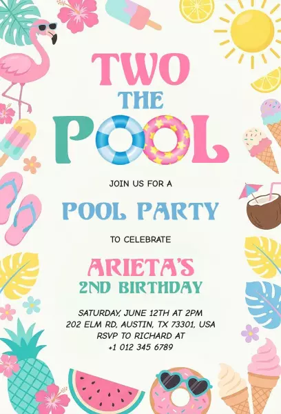 Colorful Flamingo Fun Pool Party Celebration Invitation Template