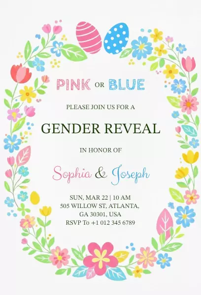 Colorful Floral Pink or Blue Gender Reveal Invitation Template
