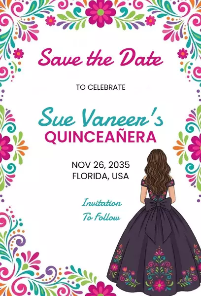Colorful Floral Sue's Elegant Quinceanera Invitation Template