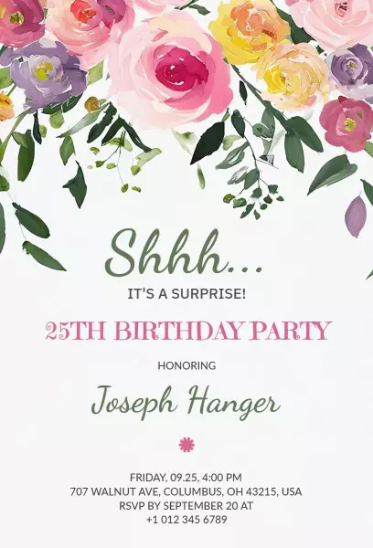 Colorful Floral Surprise 25th Birthday Party Invitation Template